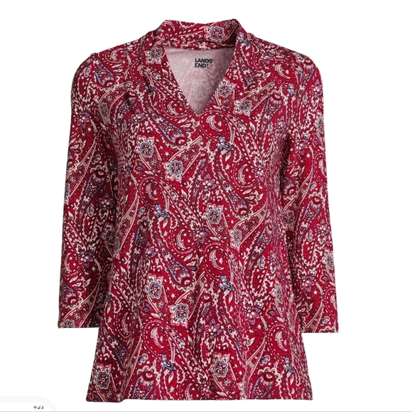 Lands' End Tops - Lands' End Red Paisley 3/4 Sleeve Lightweight Jersey V-neck Top M 10-12